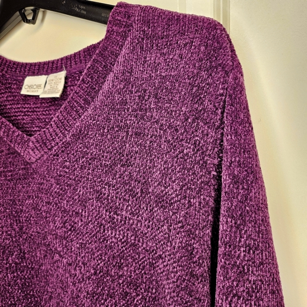 Cherokee Sweater Plus Size 1X Purple Chenille V-Neck Cozy Soft Plush Casual Warm - Picture 4 of 7